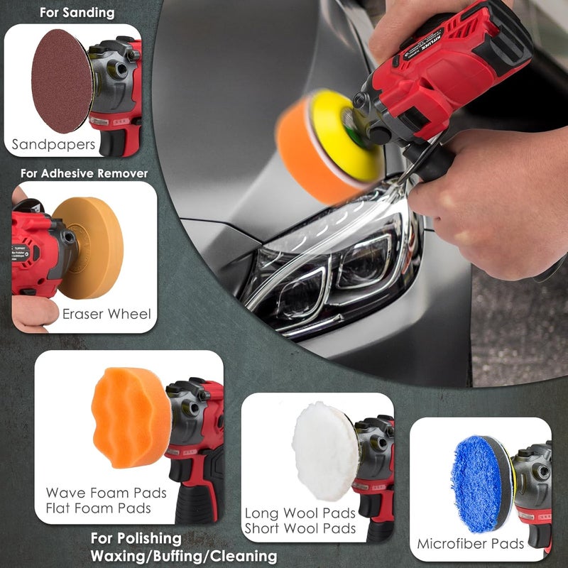 KITLUCK Cordless Buffer Polisher, 12V Mini Wax Buffer & Sander with 2 X 2.5Ah Battery & Charger, 1/2/3" Backing Plate, 40pcs Polishing Pads, Variable Speed for Car Detailing/Buffing/Sanding/Waxing - Image 4